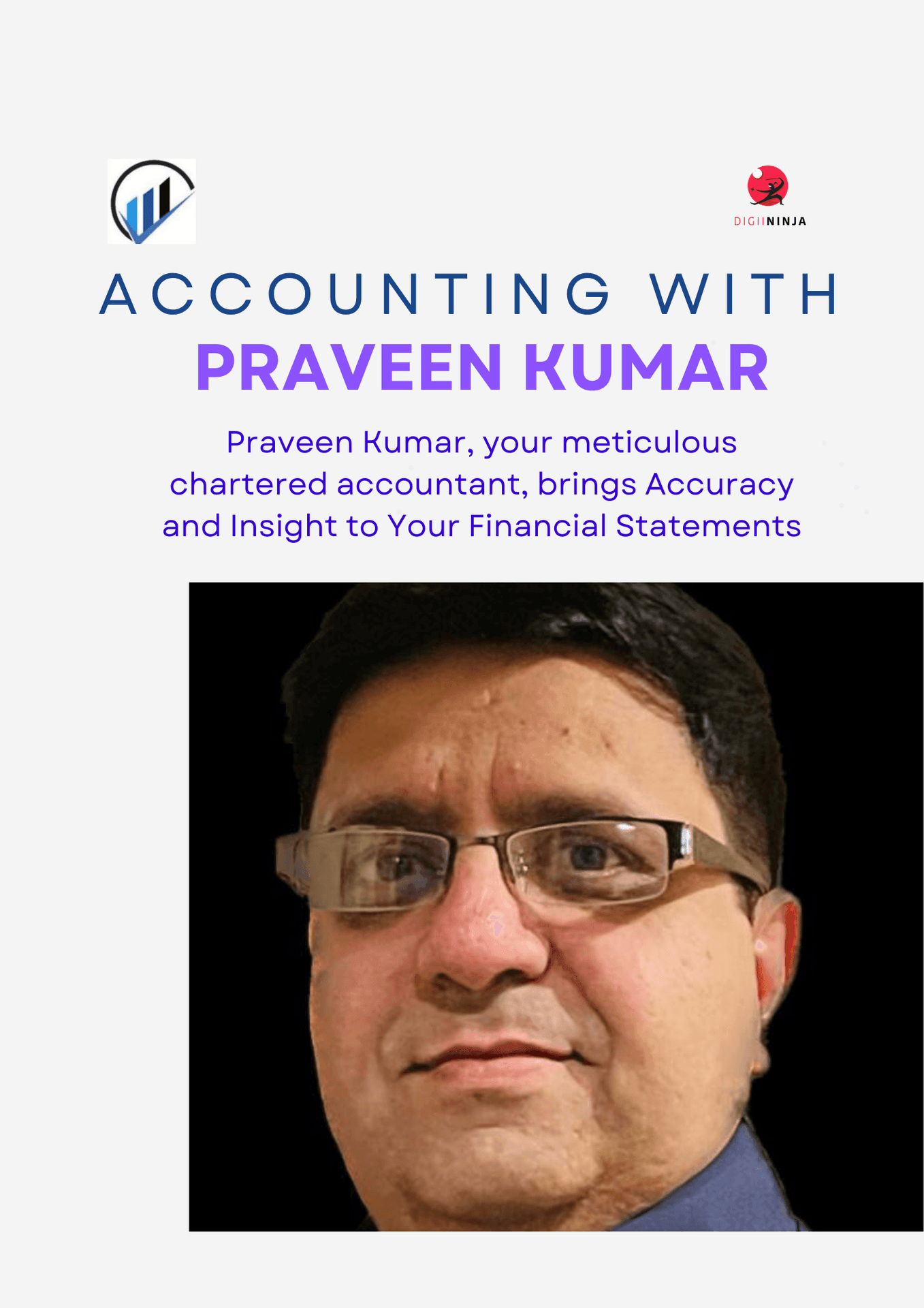 Portrait of a man with glasses, banner text promoting accounting services with professionalism and accuracy.