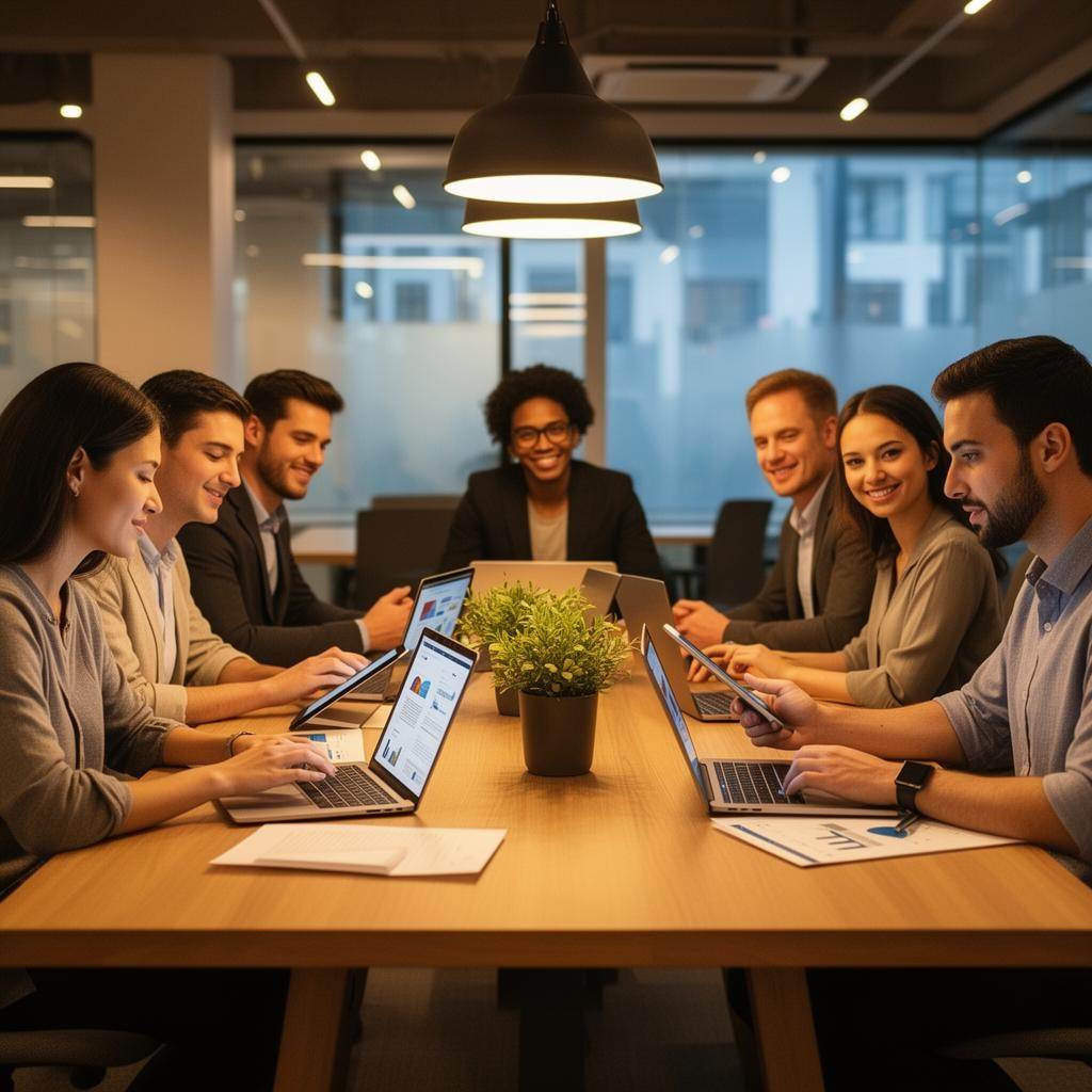 Digital marketing team collaborating in modern office