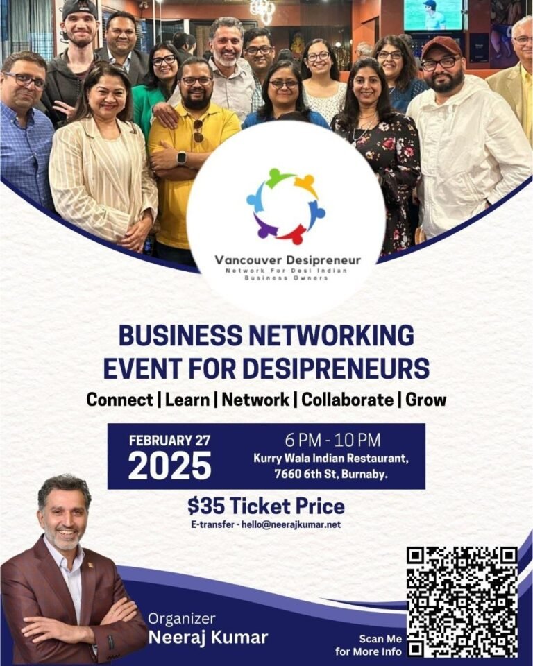 Group of diverse attendees around a circular multicolor logo; blue title for a networking event; Feb 27, 2025; $35; organizer Neeraj Kumar.