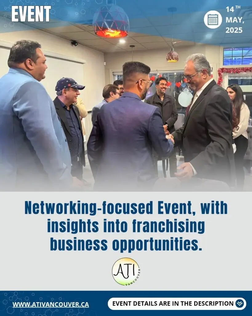 Professionals in suits network and shake hands in an event space; blue banner at top shows the date, gray bottom panel with ATI Vancouver logo.