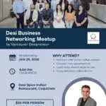 Group of diverse professionals in a modern lobby; navy banner with event title and layout showing date, time, venue, and host portrait.