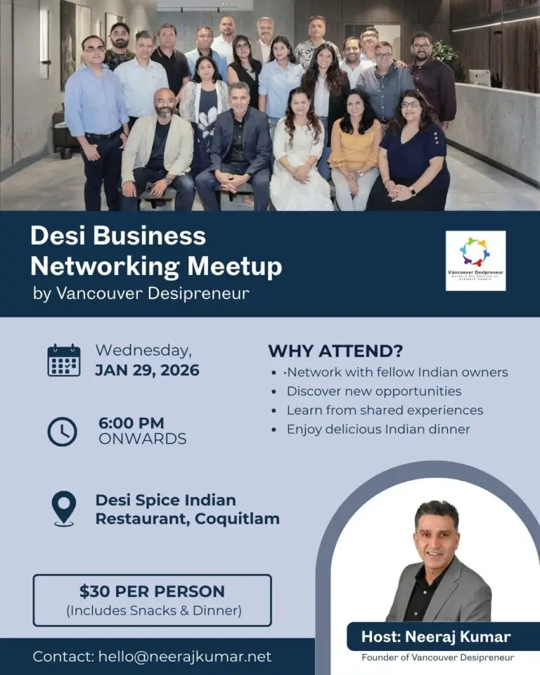 Group of diverse professionals in a modern lobby; navy banner with event title and layout showing date, time, venue, and host portrait.