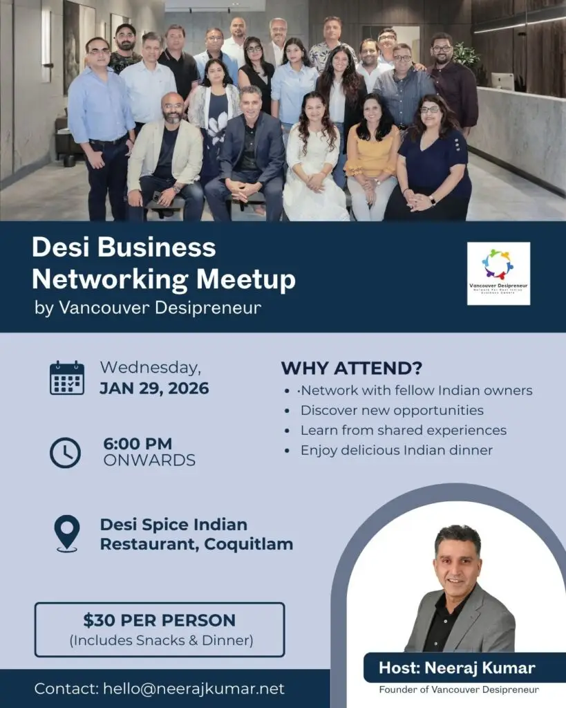 Group of diverse professionals in a modern lobby; navy banner with event title and layout showing date, time, venue, and host portrait.