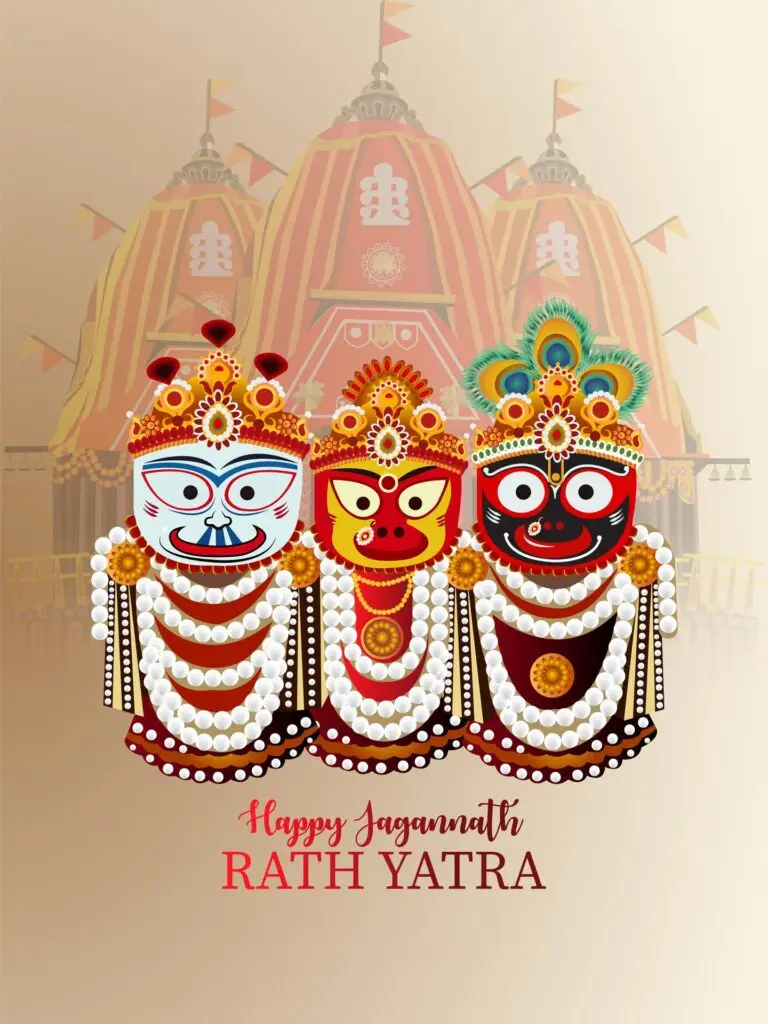 Three ornate festival masks with jewel crowns and pearl garlands, white, red, and black faces, in front of a large orange rath chariot.