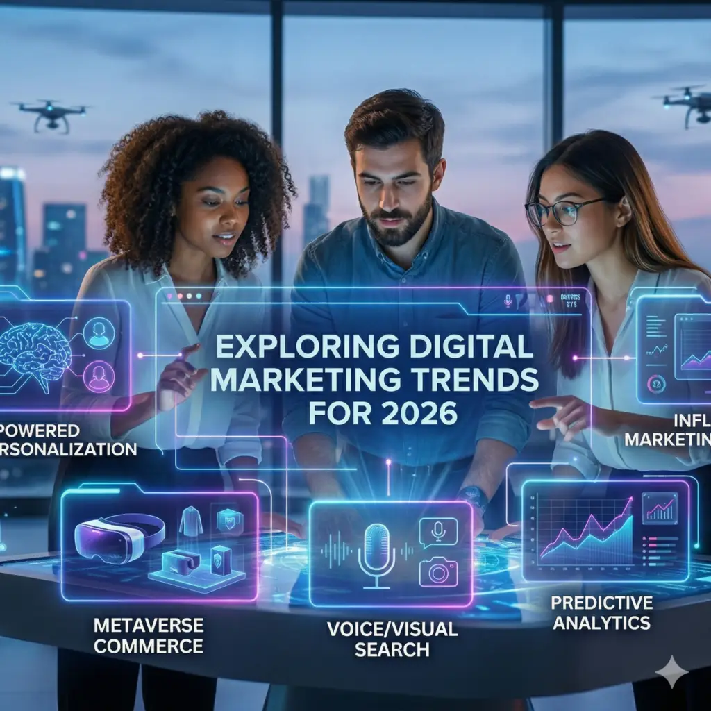Three colleagues review a futuristic holographic dashboard with neon blue panels showing marketing trends, voice search and analytics.