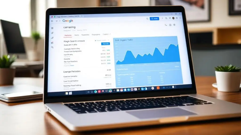 Laptop on a wooden desk shows an analytics dashboard with a blue line chart; potted plants flank and a blurred office in the background.