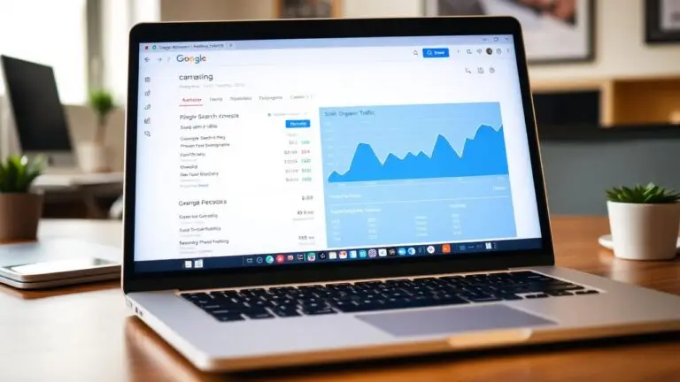 Laptop on a wooden desk shows an analytics dashboard with a blue line chart; potted plants flank and a blurred office in the background.