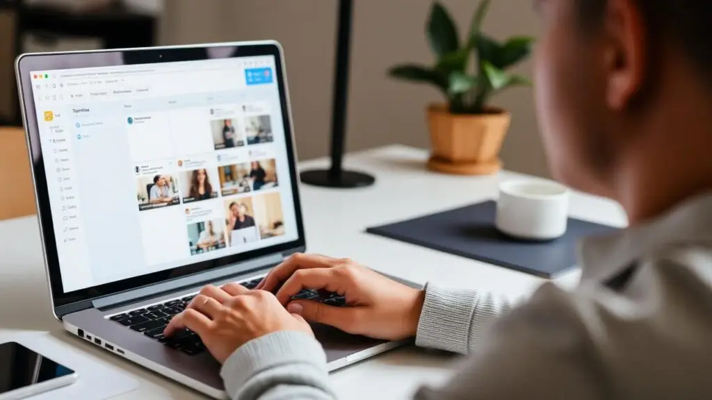 Person typing on a silver laptop displaying a grid of video thumbnails; white desk with a potted plant and a cup in the background.