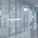 Central hub TRANSFORMATION links to circular icons: globe, AI chip, gear, cloud, Wi-Fi, and networks on a blue office backdrop.