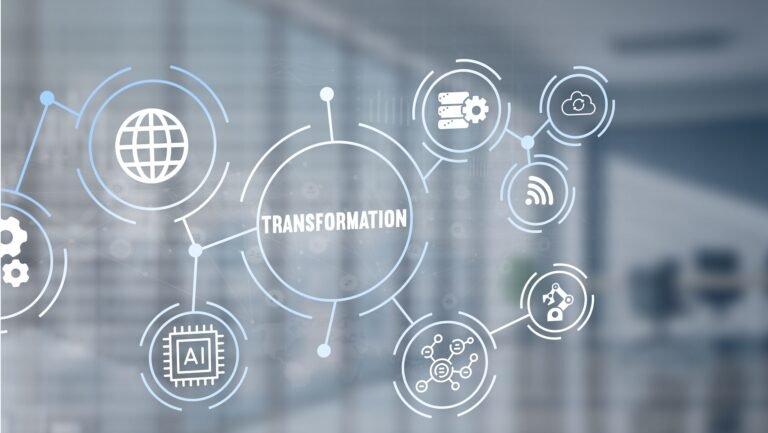 Central hub TRANSFORMATION links to circular icons: globe, AI chip, gear, cloud, Wi-Fi, and networks on a blue office backdrop.