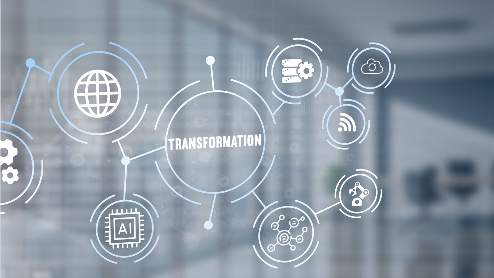 Central hub TRANSFORMATION links to circular icons: globe, AI chip, gear, cloud, Wi-Fi, and networks on a blue office backdrop.