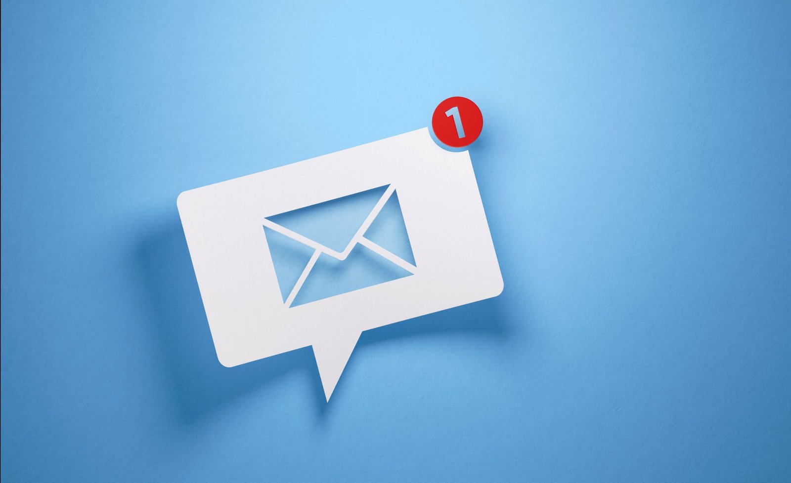White speech bubble with envelope icon on a blue background; red circular notification badge with the number 1 at the top-right.