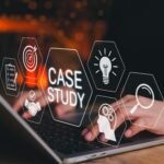 Dark background with orange bokeh; hex icons hover around a laptop, framing a CASE STUDY label with symbols like target, lightbulb, magnifier.