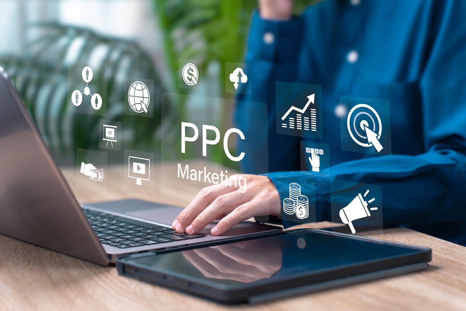 Blue-shirted person typing on a laptop with floating PPC marketing icons—graph, globe, megaphone, target, and dollar symbols—around the keyboard.
