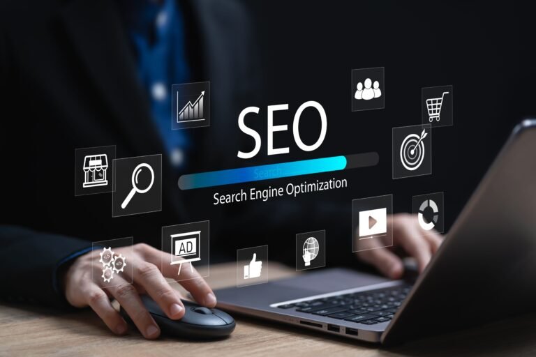 Hands on a laptop with floating SEO icons (magnifier, chart, target, cart, globe, play) and a blue progress bar.