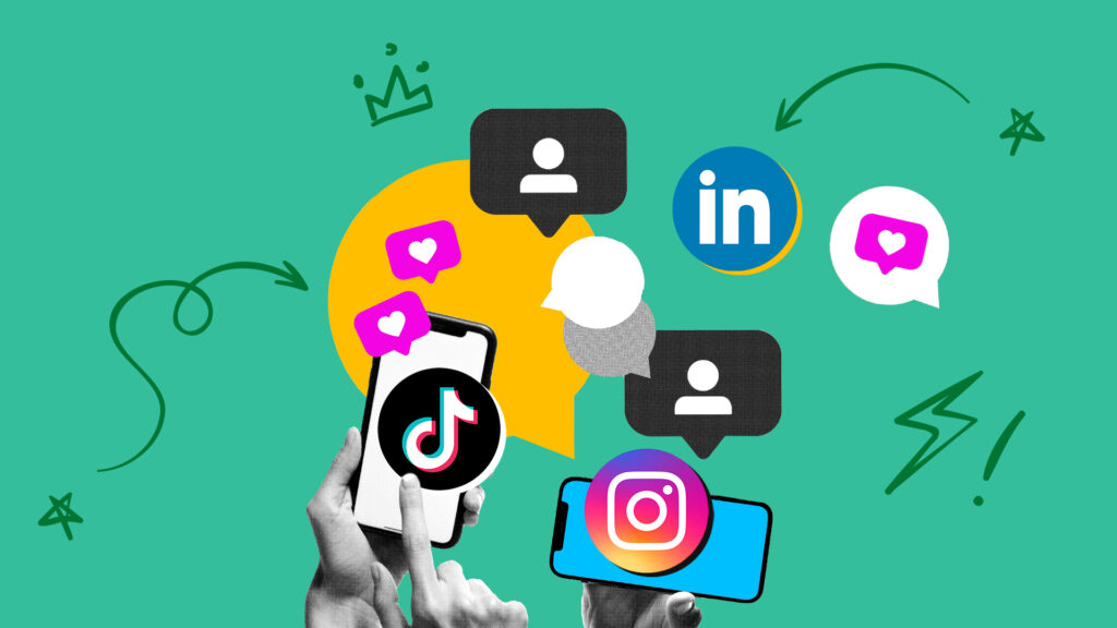Teal background with a yellow circle; hands hold a phone displaying TikTok; floating Instagram and LinkedIn icons, chat bubbles and hearts.