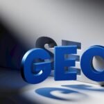 Blue 3D GEO letters arranged in a bold, angled row against a pale gradient background with strong shadows.