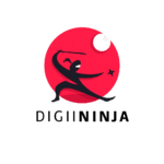 Red glowing circle backdrop with a black ninja silhouette wielding a sword, crescent moon and star, and the word DIGININJA beneath.