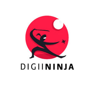 Red glowing circle backdrop with a black ninja silhouette wielding a sword, crescent moon and star, and the word DIGININJA beneath.