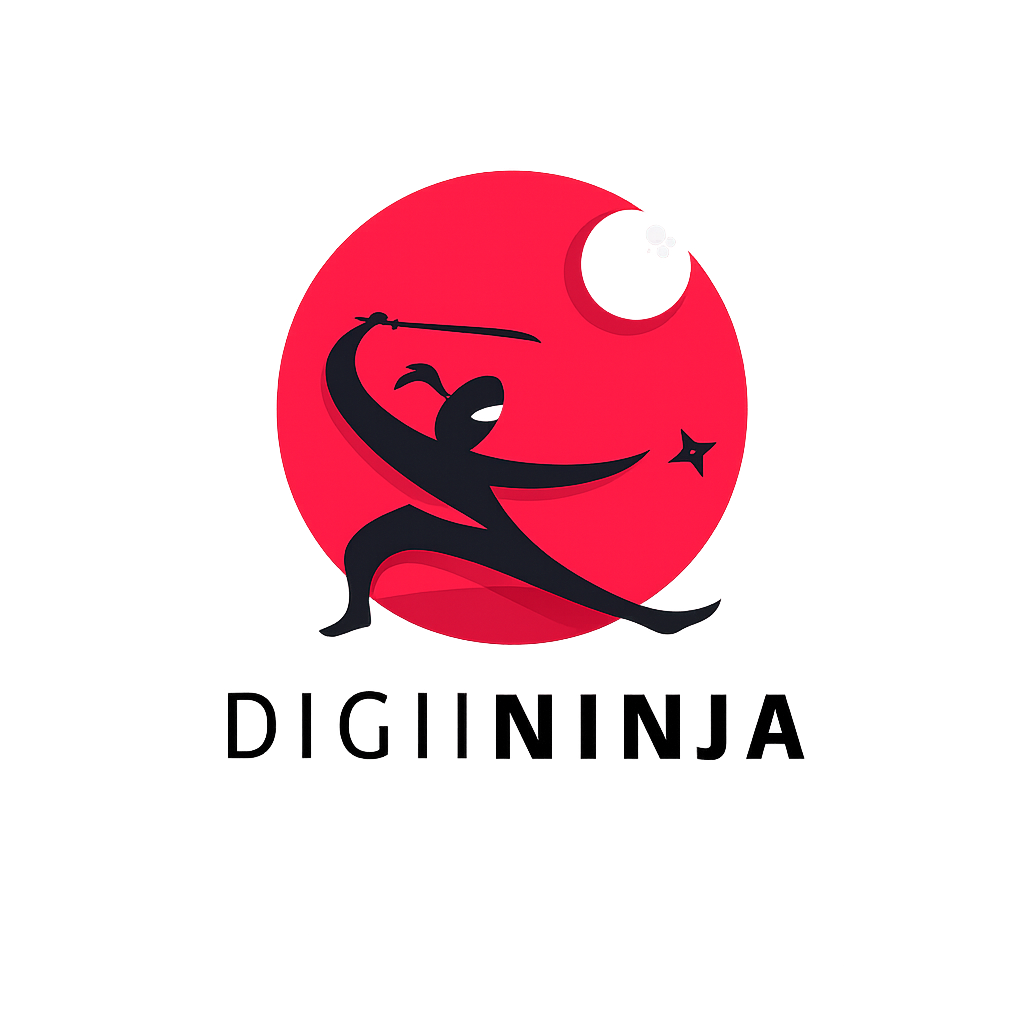 Red glowing circle backdrop with a black ninja silhouette wielding a sword, crescent moon and star, and the word DIGININJA beneath.